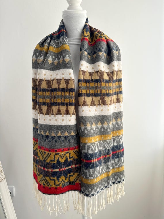 Vintage Geometric Knit Scarf Made in Italy, Retro Nordic Fair Isle Style Winter Shawl with Fringe, Boho Mustard Yellow Grey Red Soft Wrap