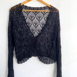 Vintage Black Pineapple Crochet Cardigan Size XL, Long Sleeve Single Button Sheer Lace Bolero Shrug, Whichy Goth Boho Mesh Knit Cover Up