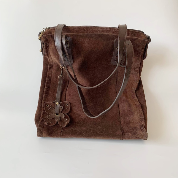 sac fourre-tout en cuir marron vintage pour femmes, sac à main en cuir suédé de taille moyenne de tous les jours, sac en cuir Boho Chic à double poignée, sac à main spacieux