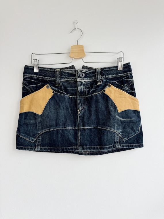 Vintage 00s We Are Replay Denim Mini Skirt 30" Waist, Y2K Low Rise Dark Wash Jeans Skirt With Tan Real Leather Pockets, Italian Designer