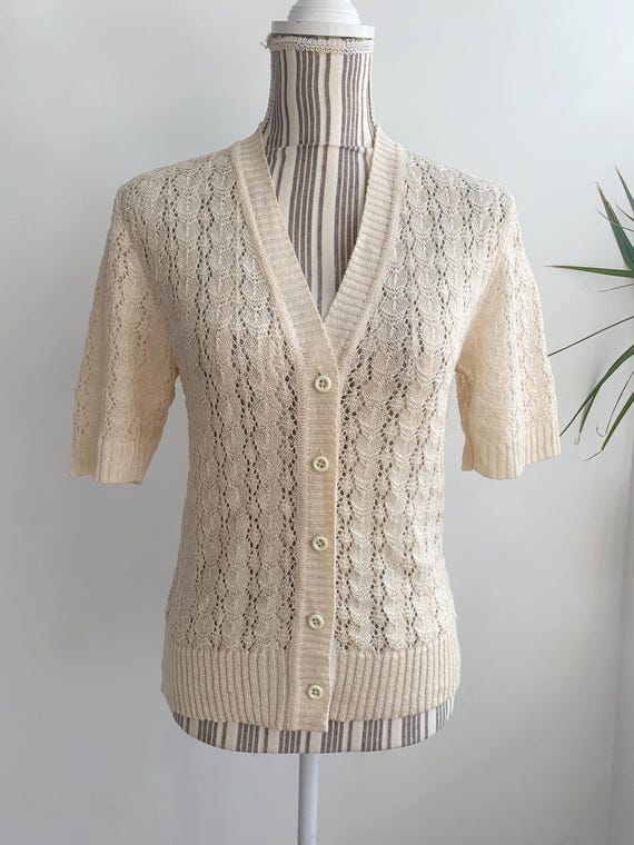 Vintage Cream Lace Knitted Cardigan Size S, Off White Button Front Romantic Feminine Boho Grunge Cardigan, Short Sleeve Mesh Summer Sweater