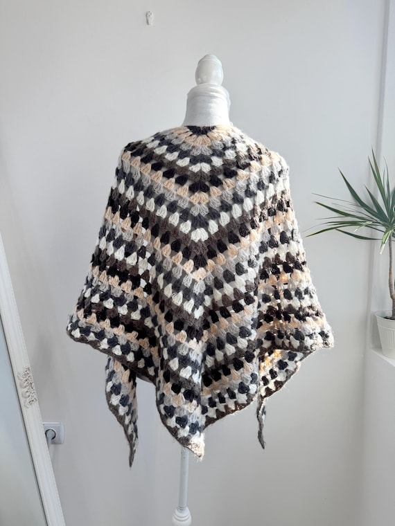 Vintage Hand Crochet Grannycore Shawl, Boho Triangle Wrap, Brown Grey Beige Earthy Neutral Soft Acrylic Scarf, Large Winter Shoulder Cape