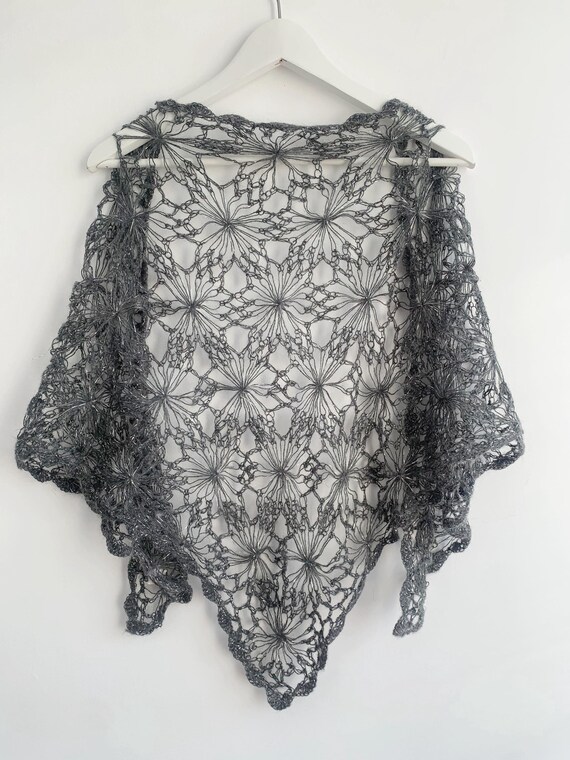 90s Silver Grey Mohair Wool Shawl, Boho Chic Sheer Crochet Lace Shawl, Fluffy Knitted Triangle Shawl Wrap, Mesh Floral Bohemian Scarf
