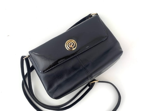 Vintage 90s Black Faux Leather Patent Purse, Mini Crossbody Bag for Women, Small Handbag with Slim Adjustable Strap, Vegan Shoulder Purse