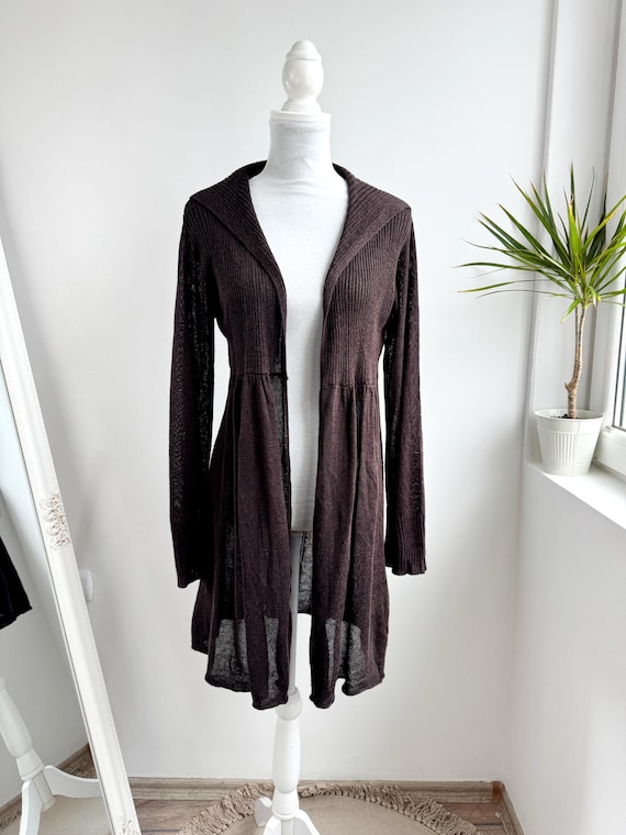 Vintage Masai Brown Linen Blend Longline Cardigan, Bohemian Ribbed Knit Duster Jacket, Open Front Layering Piece Size L Summer Midi Cover Up