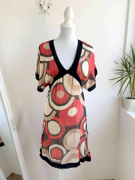 Vintage 90s Patrizia Pepe Sheer Silk Dress Size S, Summer See Through Dress, Deep V Neck Transparent Dress, Short Kimono Sleeve Mini Dress