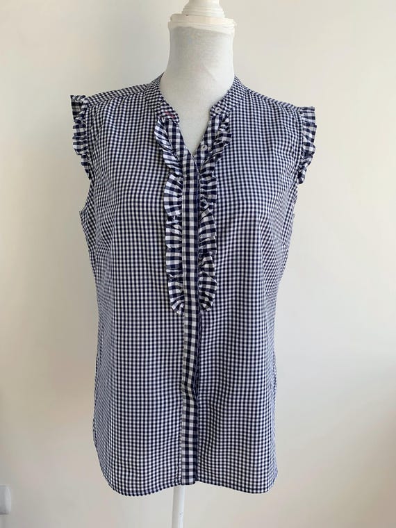 Vintage Oktoberfest Dirndl Blouse, Navy Gingham Trachten Top German Folk Blouse Size L, Ruffled Collar Sleeveless Shirt, 90s Bavarian Blouse