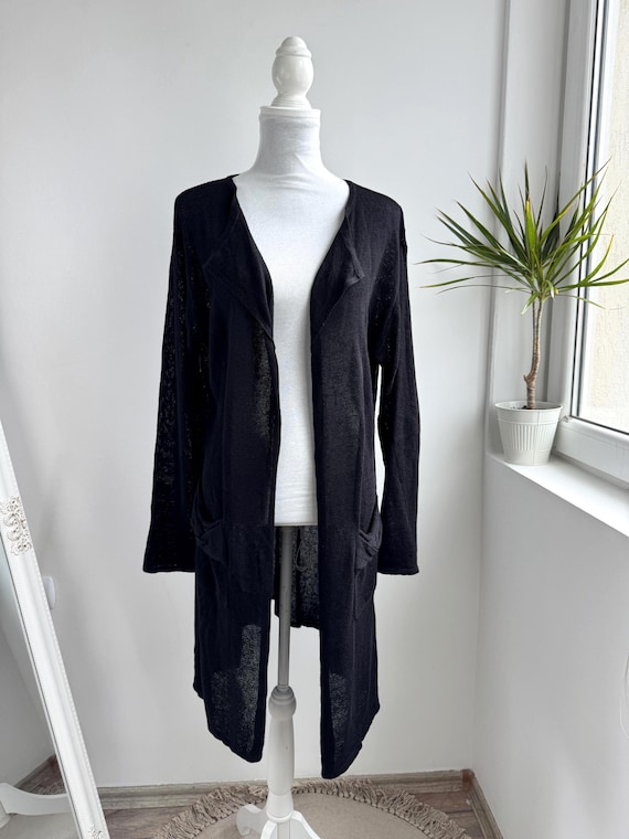 Masai Clothing Company Black Linen Cardigan Women L, Long Open Front Knit Duster, Lightweight Sheer Cardigan with Pockets Boho Midi Cover Up