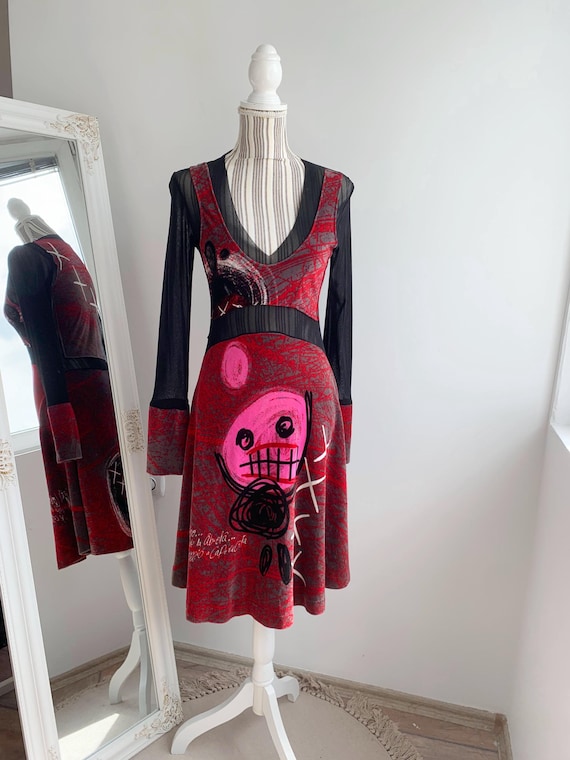 Vintage Y2K PRAMITA Spain Graphic Grunge Dress Size S/M, Sheer Sleeve Velvet Midi Dress, Burgundy Red and Black Jumper Dress, Harajuku Dress