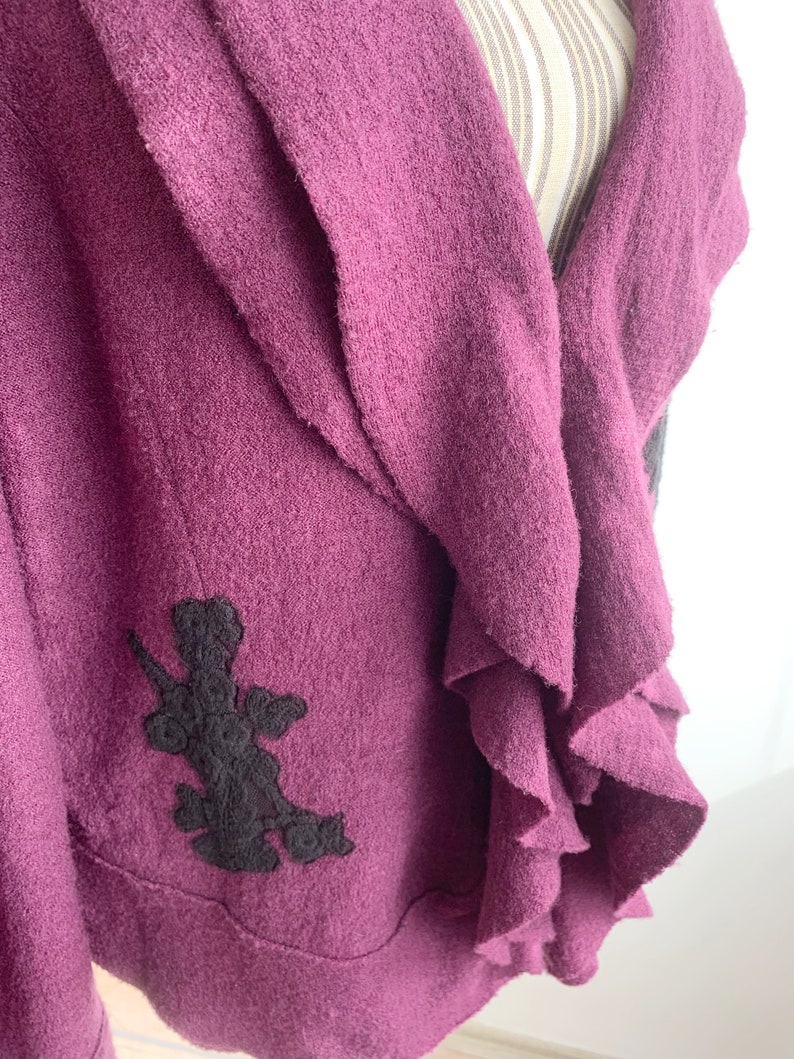 Blazer en laine violet vintage pour femme taille XL, blazer en laine non doublé avec encolure à volants, manteau court en laine, veste courte en laine, cardigan en laine image 9