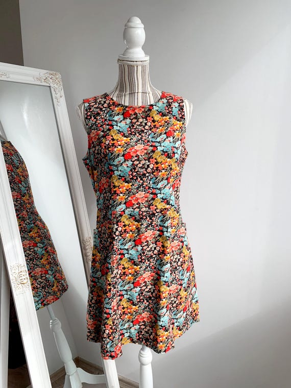 Vintage Y2K Floral 100% Cotton Corduroy Sleeveless Mini Dress Size S, Retro 2000s Floral Corduroy Dress, Short Grunge Dress, Spring Clothes