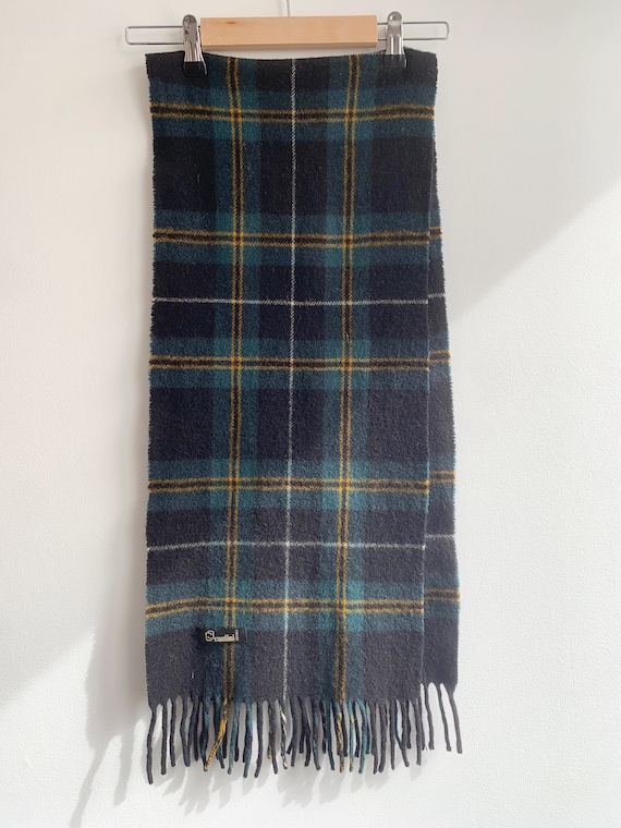 Vintage Checkered Neck Scarf, Black Pine Green Mustard Yellow Men's Wool Scarf, Tartan Wool Scarf, Fringed Plaid Scarf, Unisex Retro Scarf