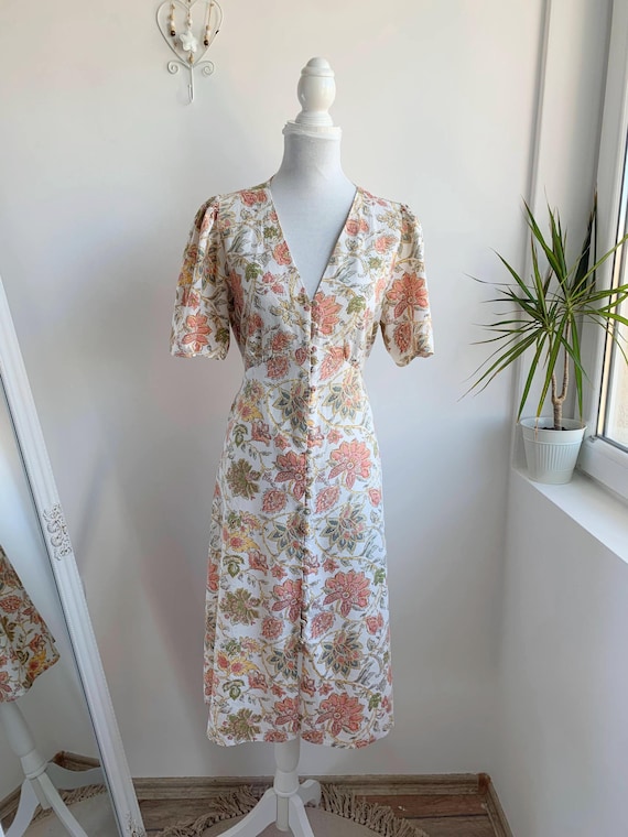 Vintage 90s Midi Dress M, Short Sleeve Cottagecore Dress, Summer Cotton Linen Dress, Floral Shirt Dress, Button Front Tie Back Sun Dress