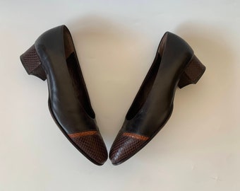 Brown Real Leather Low Heel Pumps, Vintage Snakeskin Embossed Leather Loafers,  Low Block Heel Slip On Shoes, Office Shoes Size 4 1/2