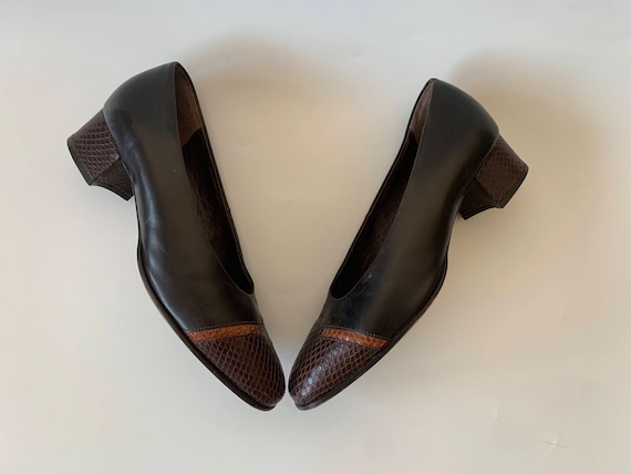 Brown Real Leather Low Heel Pumps, Vintage Snakeskin Embossed Leather Loafers,  Low Block Heel Slip On Shoes, Office Shoes Size 4 1/2