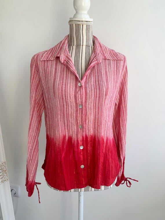 Vintage Y2K Tie Dye Gauze Shirt for Women Size L, Rose Pink Red Striped Button Up Top, Collared Long Sleeve Blouse, 100% Cotton Crepe Shirt
