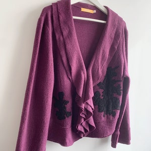 Blazer en laine violet vintage pour femme taille XL, blazer en laine non doublé avec encolure à volants, manteau court en laine, veste courte en laine, cardigan en laine image 2