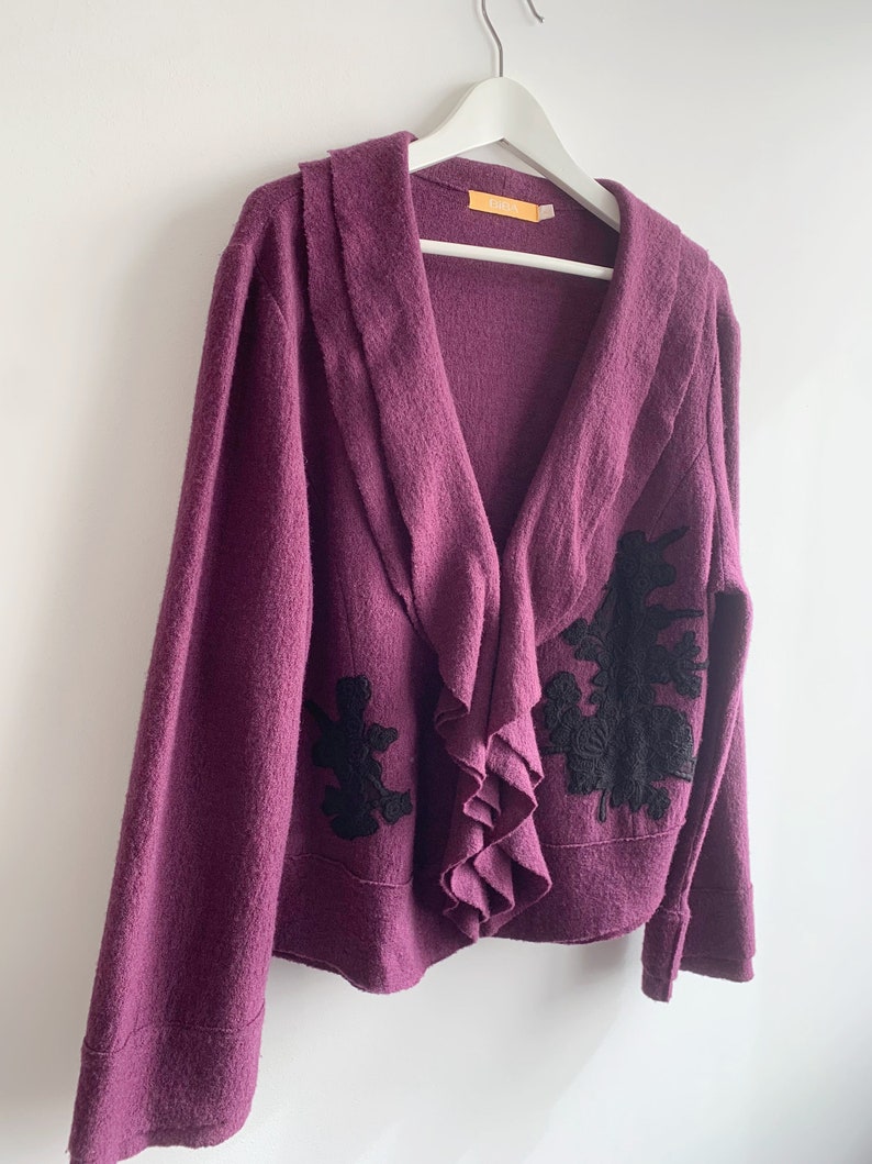 Blazer en laine violet vintage pour femme taille XL, blazer en laine non doublé avec encolure à volants, manteau court en laine, veste courte en laine, cardigan en laine image 2