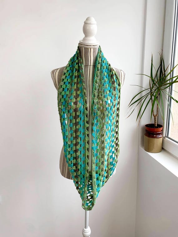 Olive Green Teal Blue Khaki Taupe Brown Infinity Scarf, Lace Crochet Circle Scarf, Mesh Cowl Scarf, Sheer Loop Scarf, Neck Warmer Snood