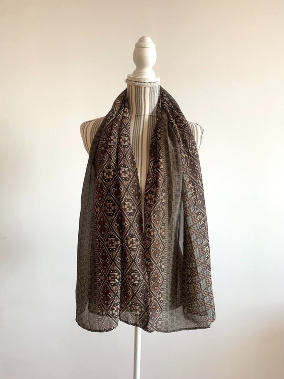 Vintage Semi Sheer Chiffon Scarf, Taupe Brown Scarf, Long Neck Scarf, Lightweight Shawl Wrap, Tribal Head Scarf, Geometric Summer Scarf