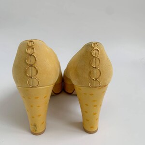 vintage HIEGL yellow suede platform pump with ostrich leather on platform and heel.