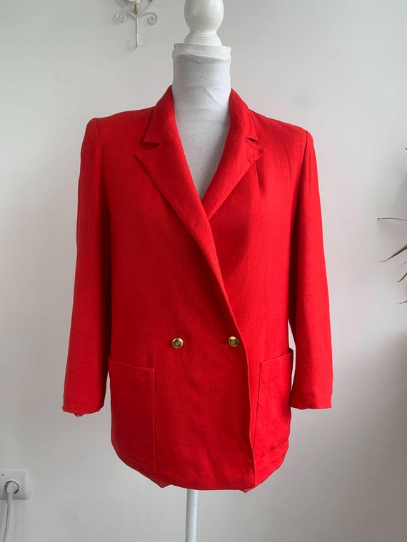 Vintage 90s Red Blazer Size M, Classic Italian Viscose Jacket, Double Breasted Retro Loose Fit Blazer, Smart Office Outerwear Made in Italy