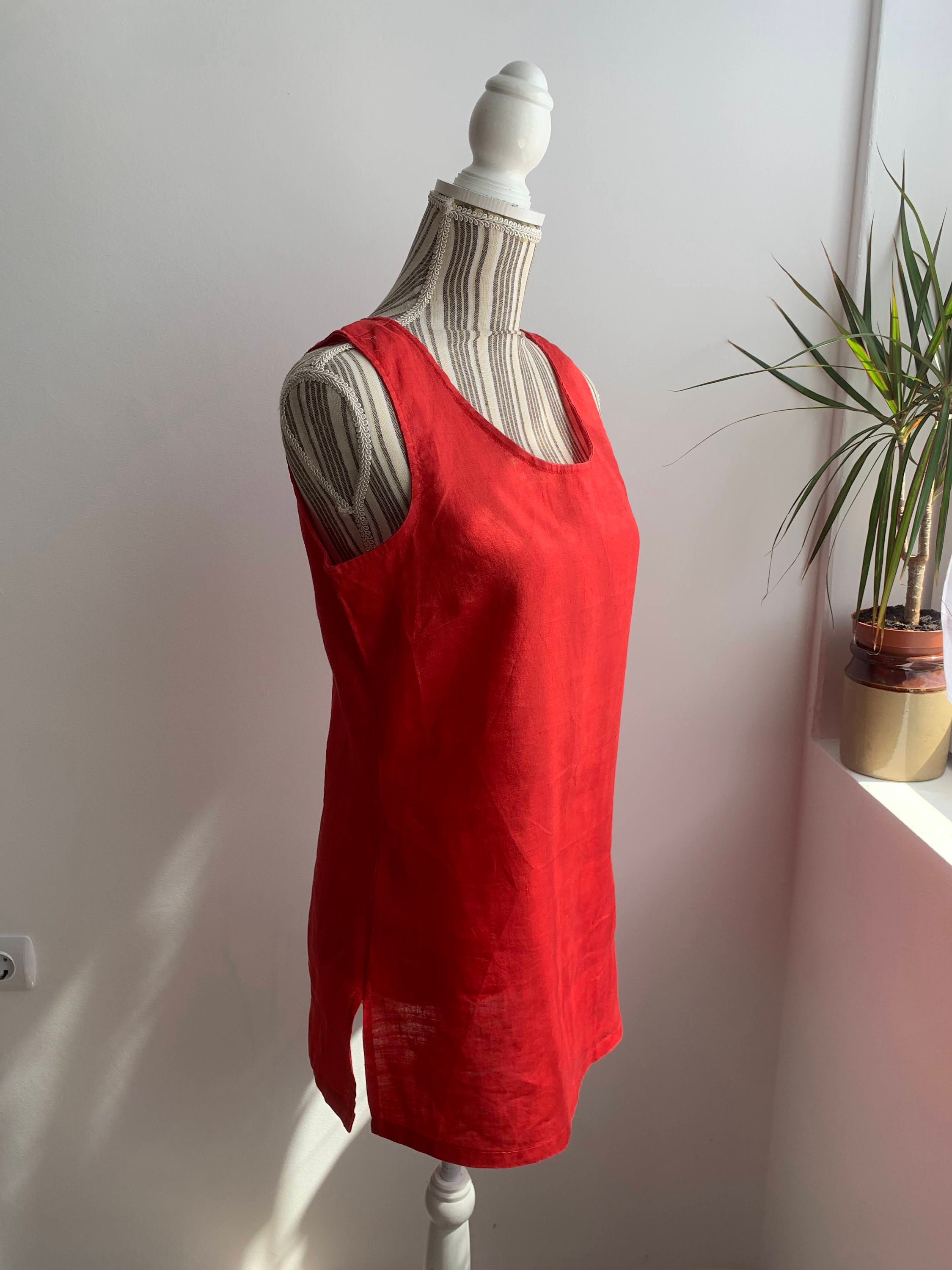 Sleeveless Red Linen Top for Women Size M, Vintage 90s Y2K