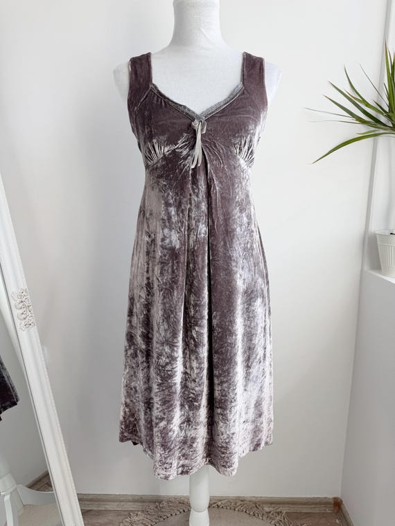 Vintage 100% Silk Velvet Dress, Silver Grey Empire Waist Cocktail Dress, Romantic 90s Grunge Formal Dress, Sleeveless Midi Evening Gown XS