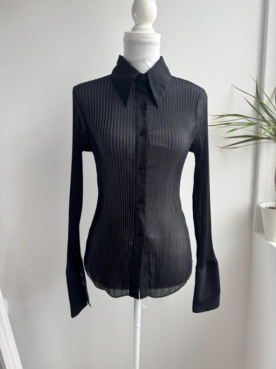 Vintage United Colors of Benetton Black Pleated Shirt, Sheer Plisse Blouse, 90s Y2K Button Up, Italian Made Mesh Chiffon Top Women Size S
