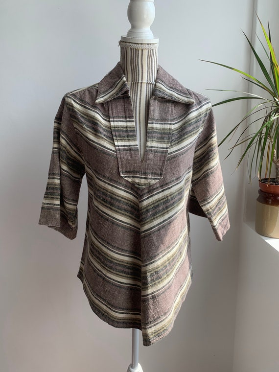 Taupe Linen Shirt Size S M, Vintage V Neck Blouse with Collar, Casual Loose Shirt For Women, Summer Boho Clothes, Striped Relaxed Flax Top