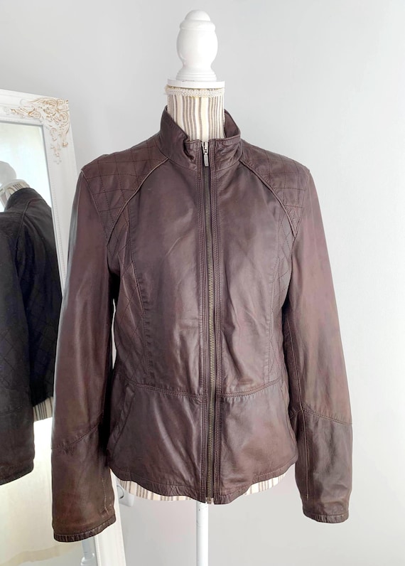Brown Leather Jacket for Women Size M L, Used Vintage Soft Leather Moto Jacket, Real Leather Biker Jacket, Band Collar Zip Up Biker Jacket