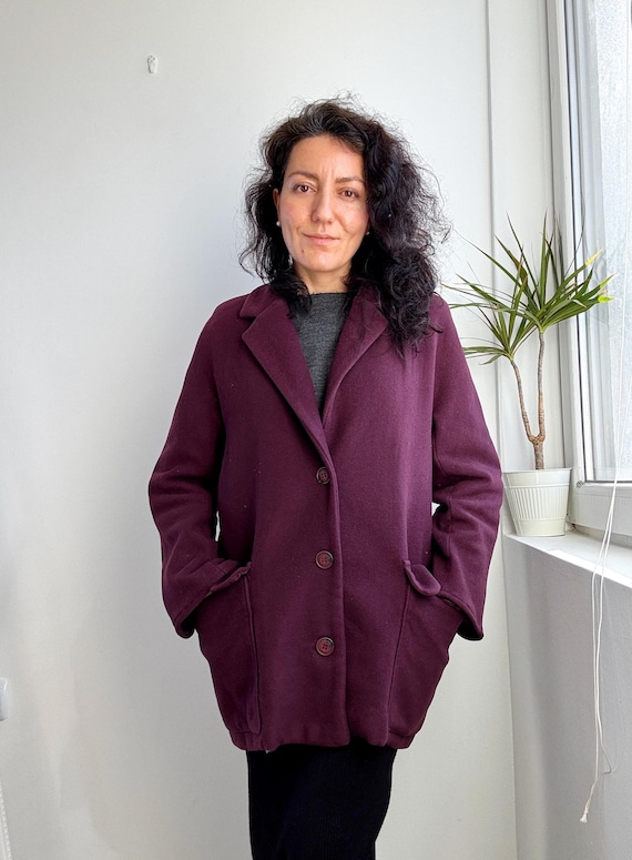 Vintage 100% Wool Plum Pea Coat Made in Italy Oversized Purple Blazer Jacket, Elegant Deep Burgundy Outerwear, Italian Overcoat Size M L