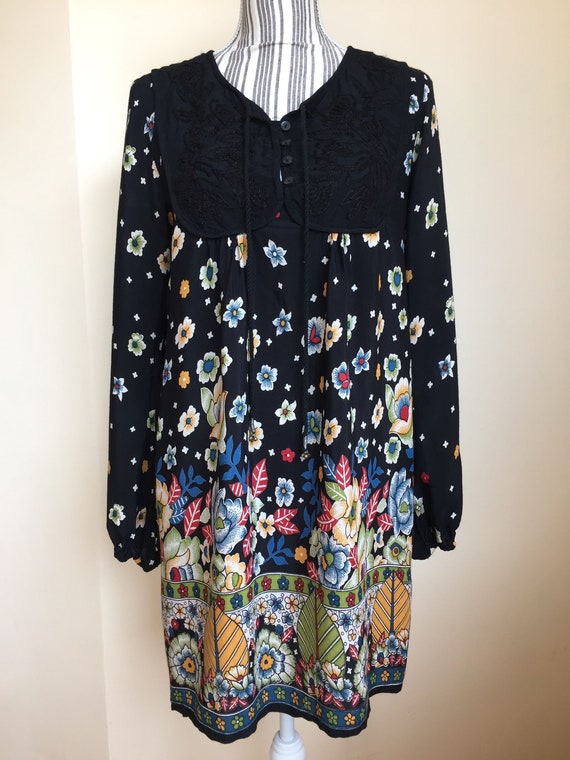 Black Floral Dress, Embroidery Loose Boho Dress, Long Sleeve Maternity Dress, Wide Bohemian Dress, Hippie Midi Dress, Size Medium M