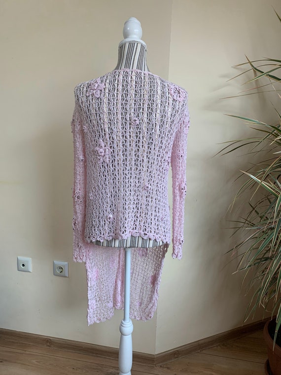 Vintage Light Pink Crochet Cardigan, Asymmetrical… - image 5