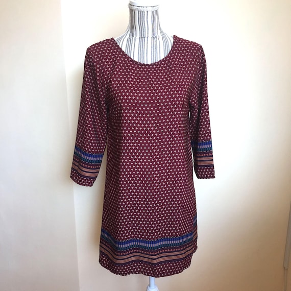 Vintage 90s Boho Mini Dress for Women Size S  3/4 Sleeves Scoop Neckline Strappy Criss Cross Open Back Relaxed Loose Fit Tunic Top Oxblood