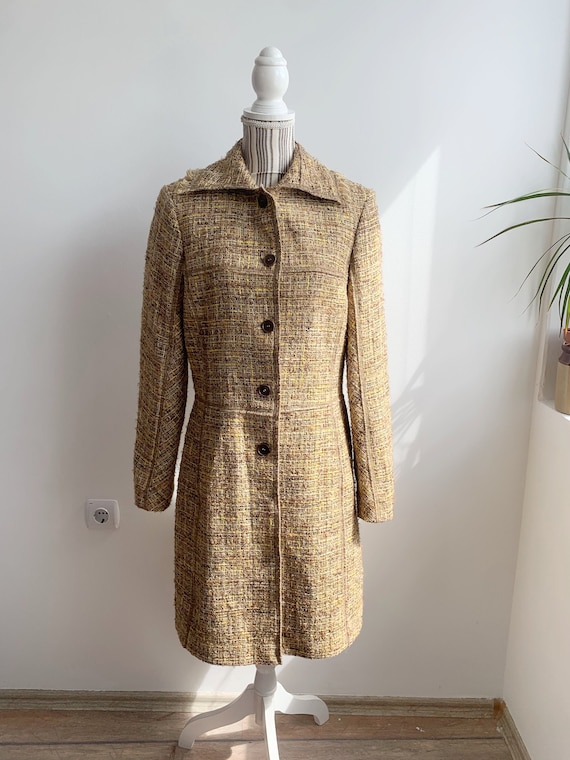 Vintage Mohair Wool Midi Coat Size M, Collared Tweed Coat, Women's Long Fitted Coat, Mid Length Fall Winter Overcoat, Boucle Blazer Jacket