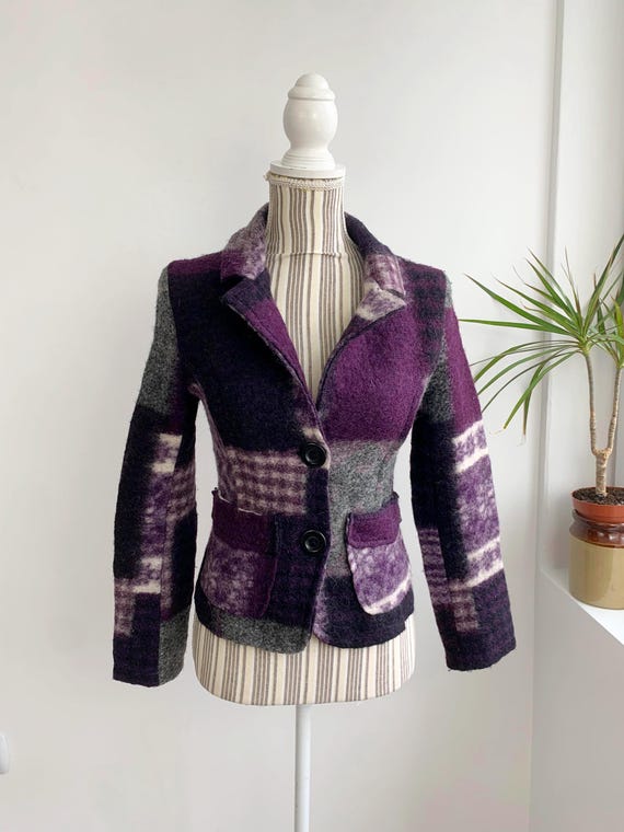 Vintage Purple Grey Wool Blazer for Women Size XS, Unlined Felt Wool Blazer, Short Wool Coat, 100% Wool Cropped Jacket, Pure Wool Crop Coat
