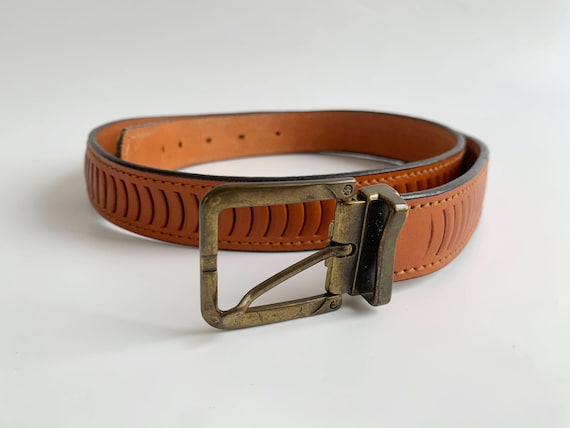 Vintage Tooled Leather Belt for Women, Boho Chic Waist Cincher with Slim Brass Buckle, Camel Brown Distressed Skinny Belt, Bohemian Belt