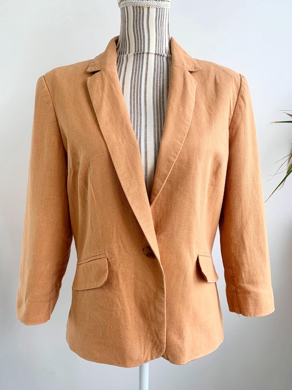 Vintage Y2K Pale Orange Linen Blazer for Women Size L 3/4 Ruched Sleeve Spring Linen Coat Collared Deep V Neck Single Button Linen Jacket