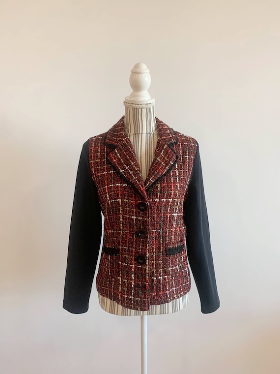 Plaid Tweed Sweater Blazer for Women Size M, Vintage 90s Relaxed Fit Boucle Cropped Coat, 60s Style Black Red Checkered Short Autumn Jacket