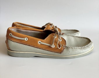 Vintage Off White Womens Boat Shoes, Sailor Shoes, Moccasins, Lace Up Shoes, Loafer Sneakers, Deck Shoes, Leather Flats, Size US 7.5, EUR 38