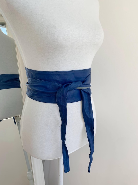 Vintage Cobalt Blue Leather Obi Belt 210 cm / 82", Long Wrap Sash Belt, Retro Genuine Leather Corset Style Belt, Minimalist Wide Tie Belt