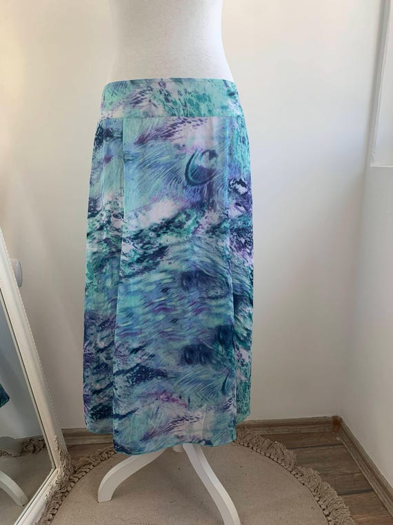 Vintage Y2K Andrea Abstract Print Midi Skirt Size M/L, Flowy A-Line Polyester Skirt in Teal Blue Navy & Purple, Y2K Grunge Boho Summer Skirt