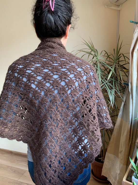 Brown Mesh Fishnet Lace Crochet Shawl, Vintage Bo… - image 8