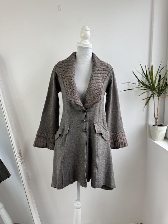 Vintage Grey Wool Coat for Women Size L, Boho Fairycore Long Cardigan, Knitted Shawl Collar and Cuffs Woollen Jacket, Bell Sleeves Midi Coat