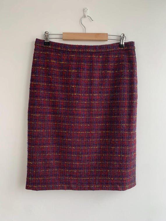 80s Boucle Tweed Skirt Size S M, Fall Wool Skirt, Red Purple Yellow Plaid Winter Skirt, Checkered Mod Tartan Skirt, Retro Pencil Skirt