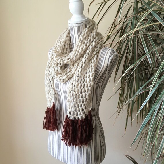 Cream Beige Long Skinny Crochet Scarf with Brown … - image 2