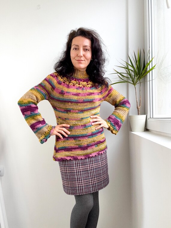 Vintage 70s Style Crochet Sweater for Women Size M, Boho Multi-Color Striped Knit Pullover, Retro Bell Sleeve Top, Hippie Statement Knitwear