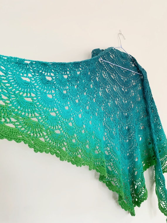 Turquoise Blue Green Lace Crochet Shawl, Vintage Handmade Shoulder Wrap, Sheer Mesh Piano Shawl, Bohemian Triangle Shawl, Ombre Gypsy Shawl
