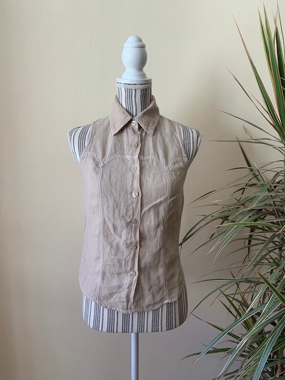 Cream Beige Collared Button Down Linen Top for Women Size XS, Vintage 90s Summer Sleeveless Linen Shirt, Elegant Timeless Linen Vest